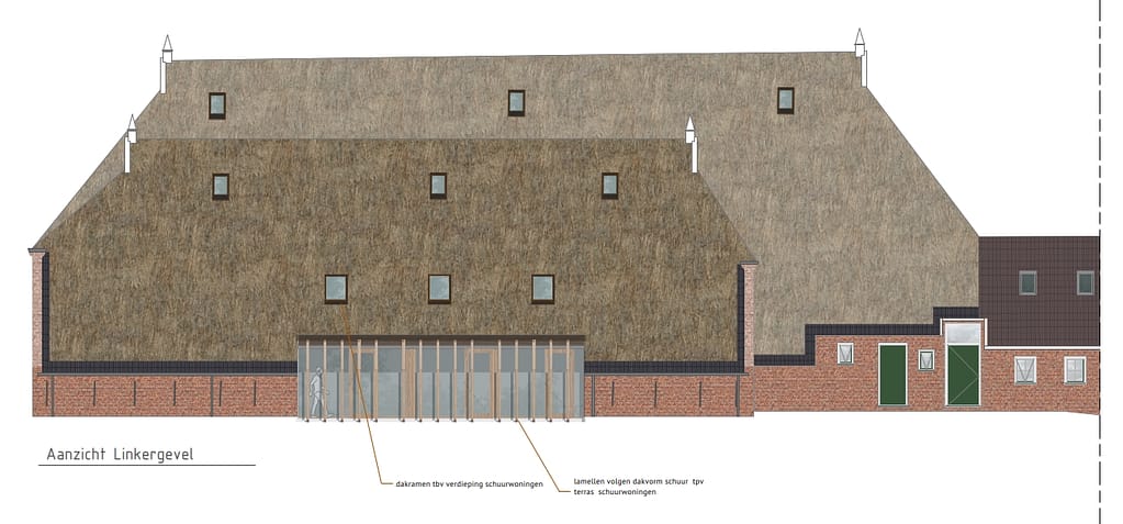 Op het zijaanzicht van het ontwerp is te zien hoe de gevel en het dak van de schuren aangepast zou kunnen worden om de woningen te ontsluiten en voldoende daglichttoetreding te realiseren.
