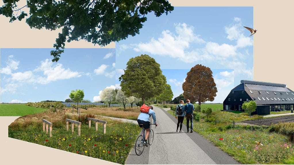 Sfeerimpressie lint met wandel en fiets recreanten en een woonerf.