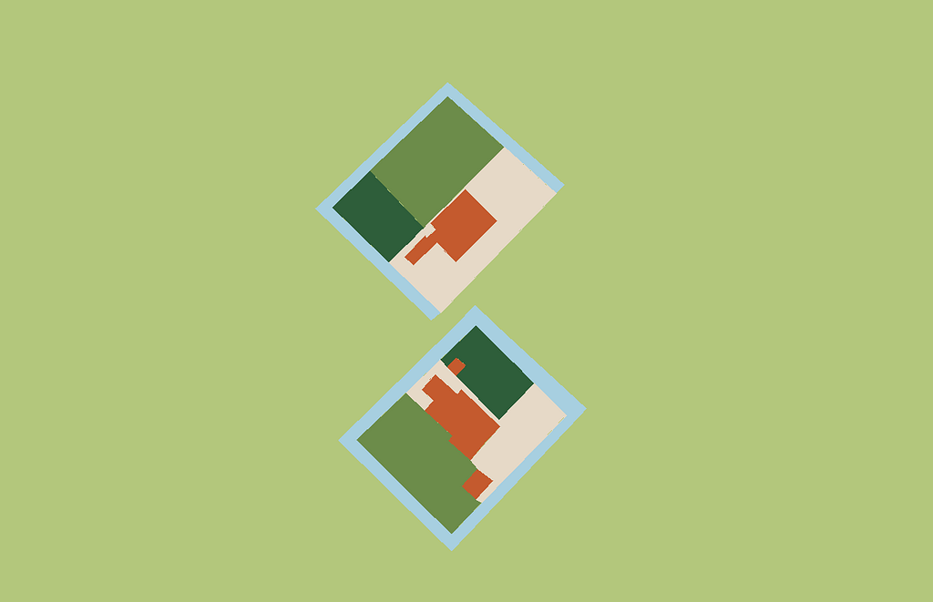 Een tweetal dicht op elkaar gelegen en omgrachte percelen, waarop een kop-hals-romp boerderij met boomgaard en omgrachting staat aangegeven die zowel met locatie en contour exact overeen komt met documenten en beelden van De Tackenborg uit de 20e eeuw.