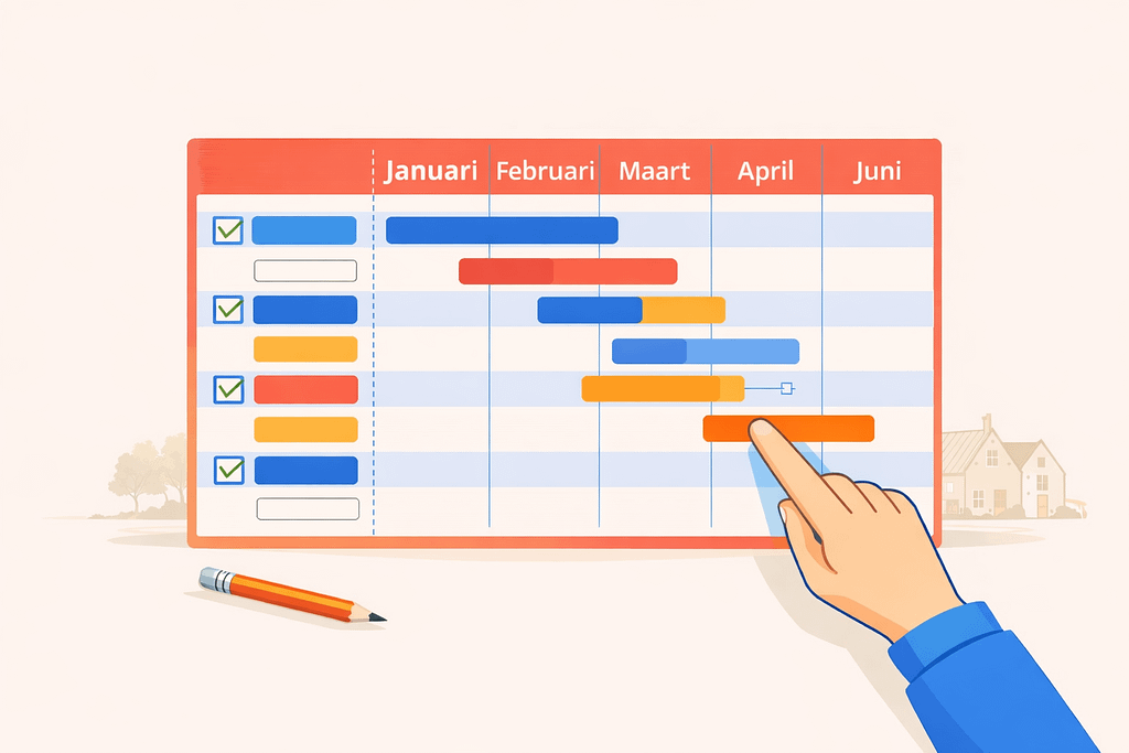Schets van een Gantt chart waarin een proces is opgedeeld in afzonderlijke taken die elkaar in de tijd zullen opvolgen maar deels ook parallel zullen lopen.