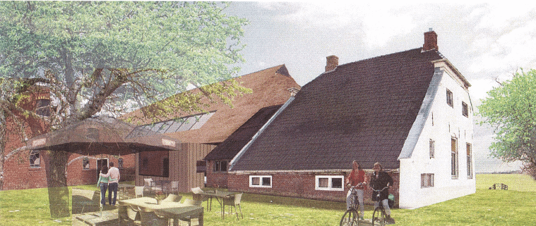 Artist impression van de Tackenborg na restauratie en herbestemming met in de tuin een terras en actieve mensen.