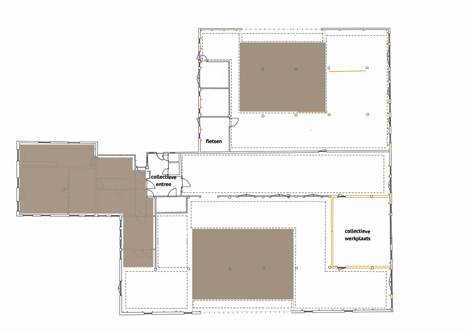 Plattegrond van De Tackenborg waarop een drietal vlakken staan gearceerd welke bestemd mogen worden voor als woonruimte.